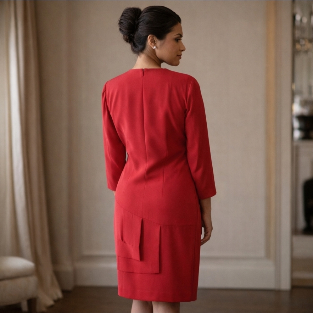 Vtg. Travilla Saks Fifth Avenue red pleated bottom wool long sleeve dress sz 12